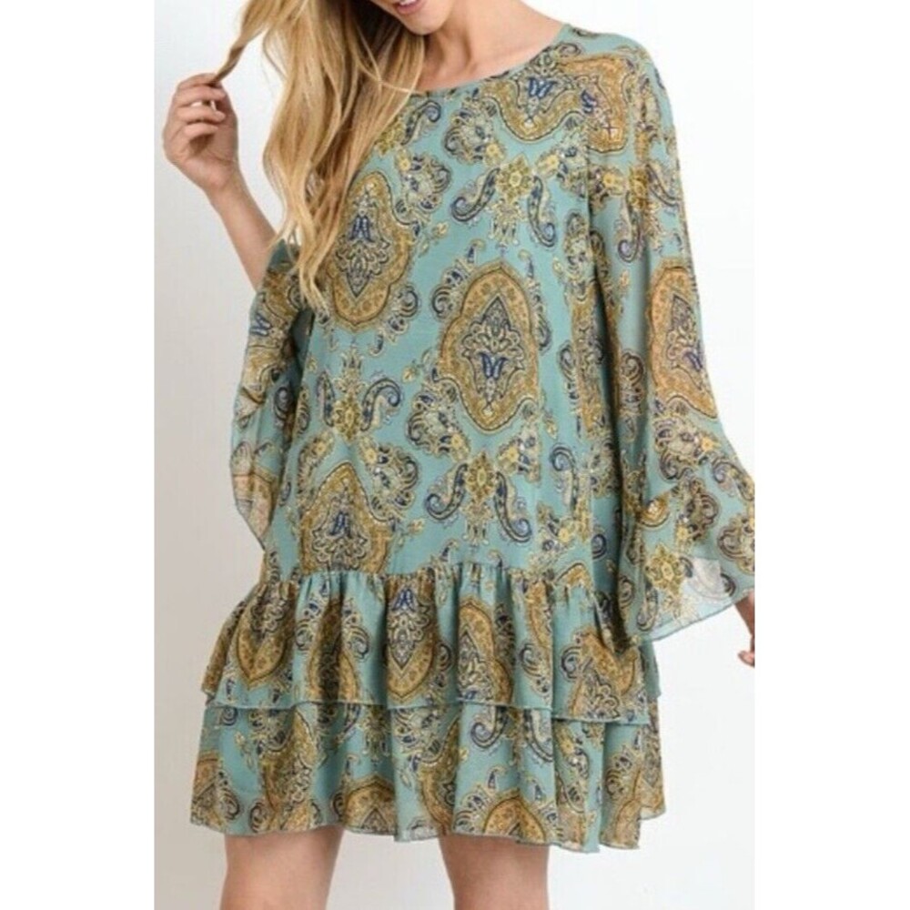 Doe & Rae Small Green Paisley Floral Dress Sheath Boho Festival‎ Cottage *Read*